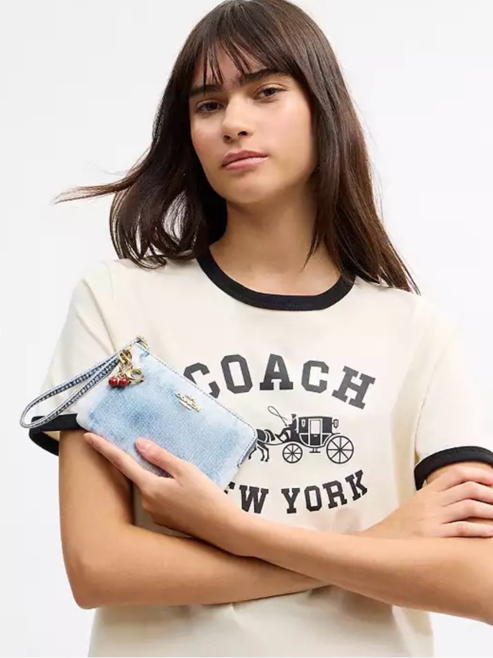 Coach Light Blue Denim Wristlet with Cherry Charm and Gold Hardware